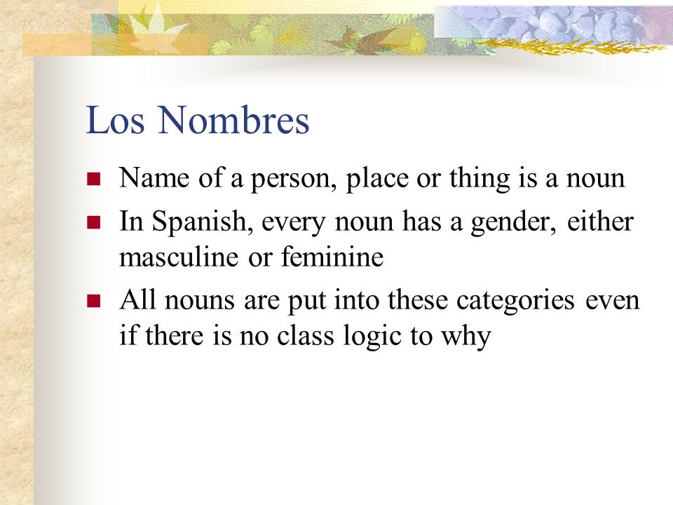 Los Nombres Name of a person, place or thing is a noun