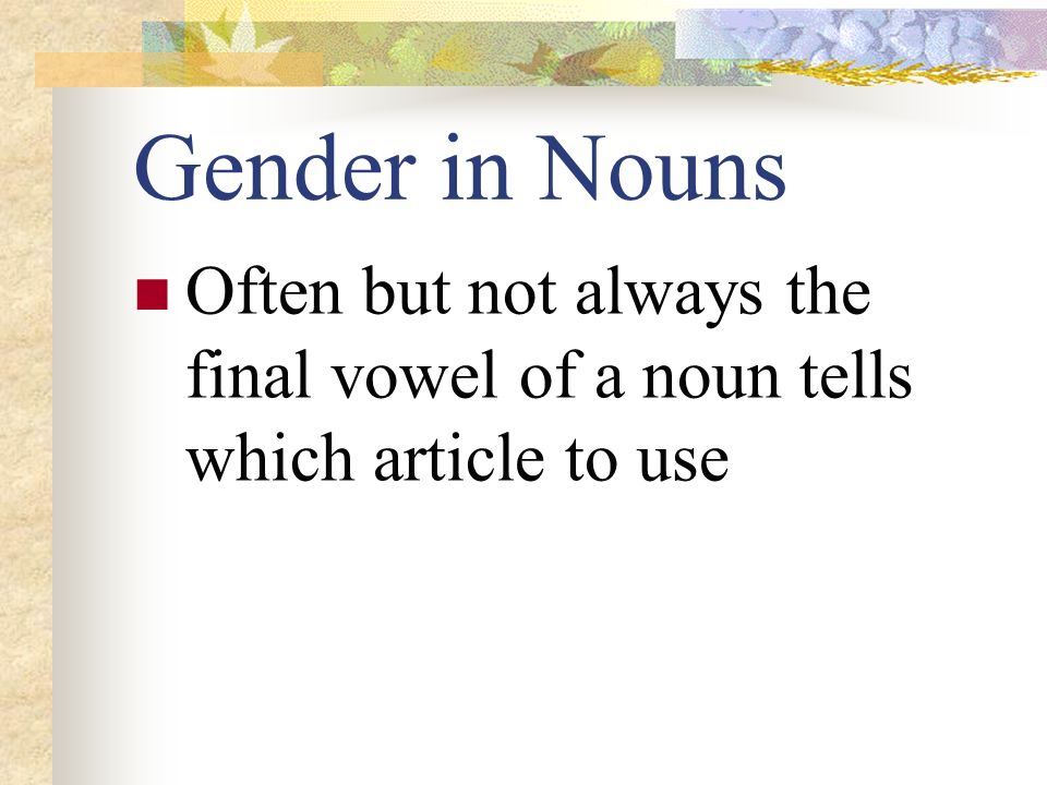 Gender in Nouns Often but not always the final vowel of a noun tells which article to use