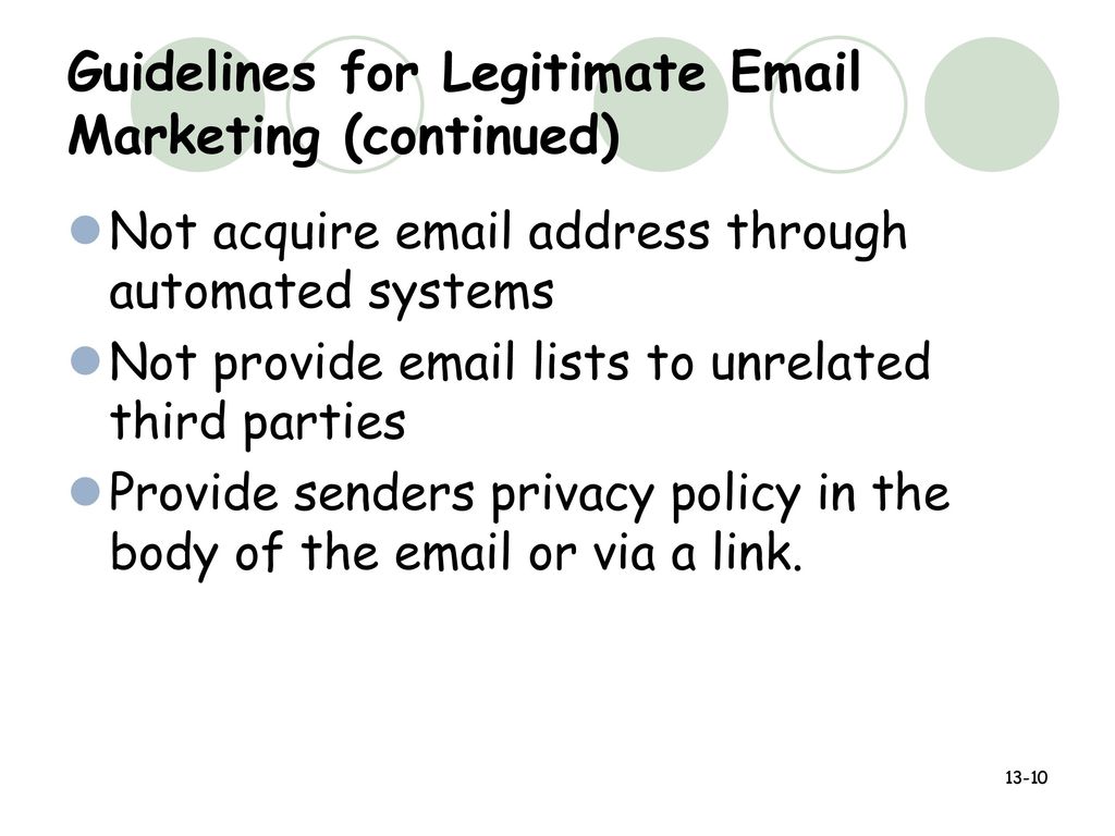 Guidelines for Legitimate  Marketing (continued)