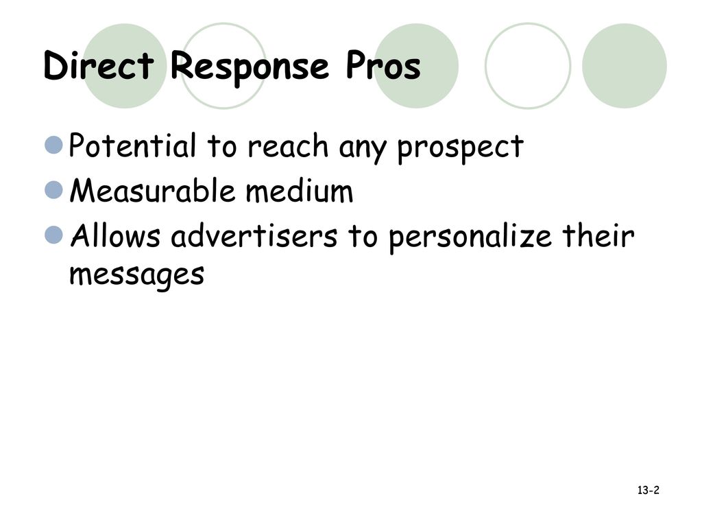 Direct Response Pros Potential to reach any prospect Measurable medium