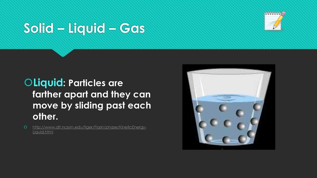 Solid – Liquid – Gas Liquid: Particles are farther apart and they can move by sliding past each other.