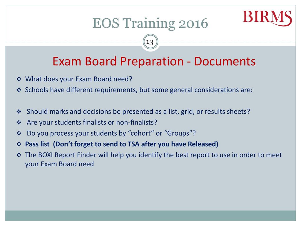 Exam Board Preparation - Documents