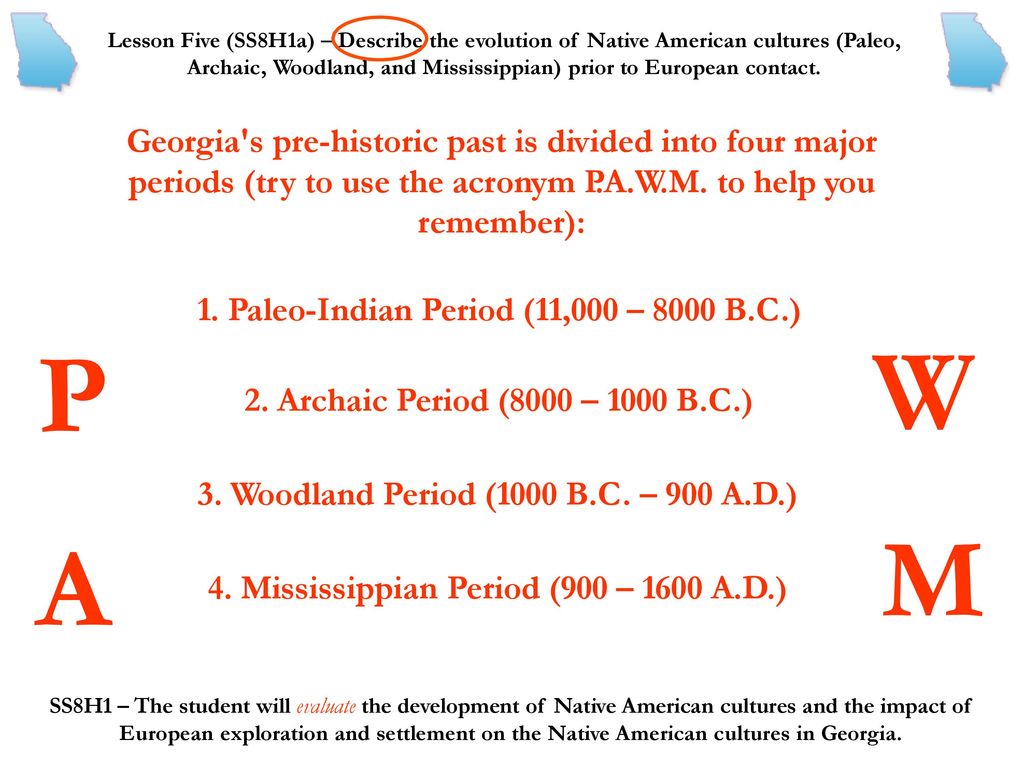 Lesson Five (SS8H1a) – Describe the evolution of Native American cultures (Paleo, Archaic, Woodland, and Mississippian) prior to European contact.