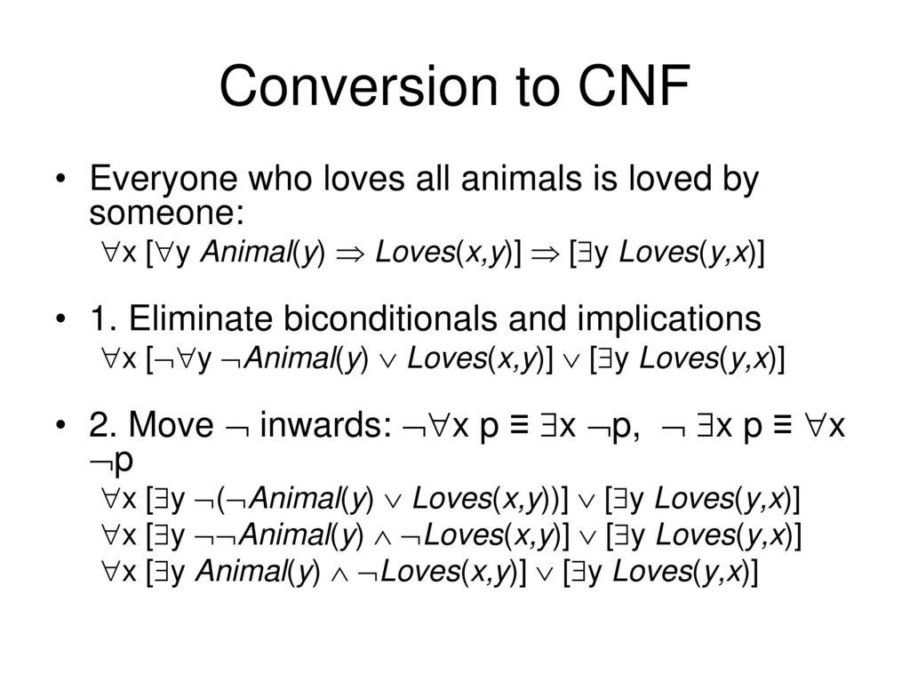 Conversion to CNF Everyone who loves all animals is loved by someone:
