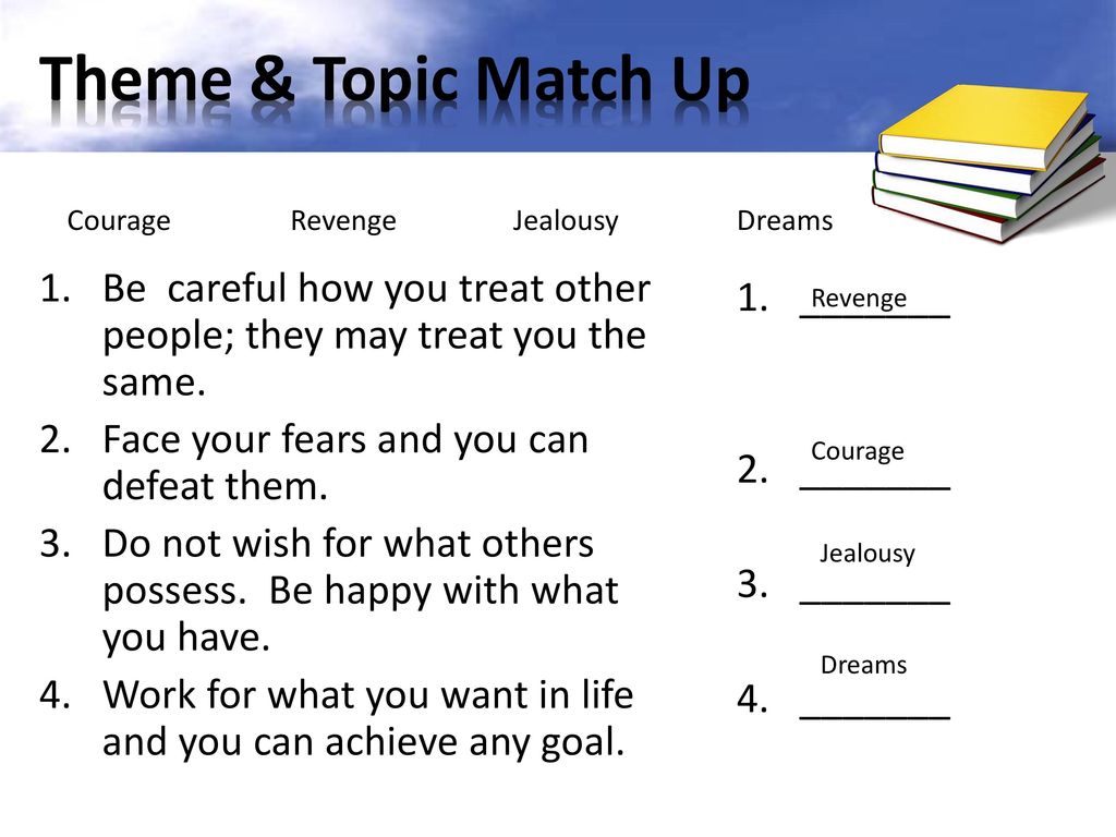 Theme & Topic Match Up Courage Revenge Jealousy Dreams. Be careful how you treat other people; they may treat you the same.