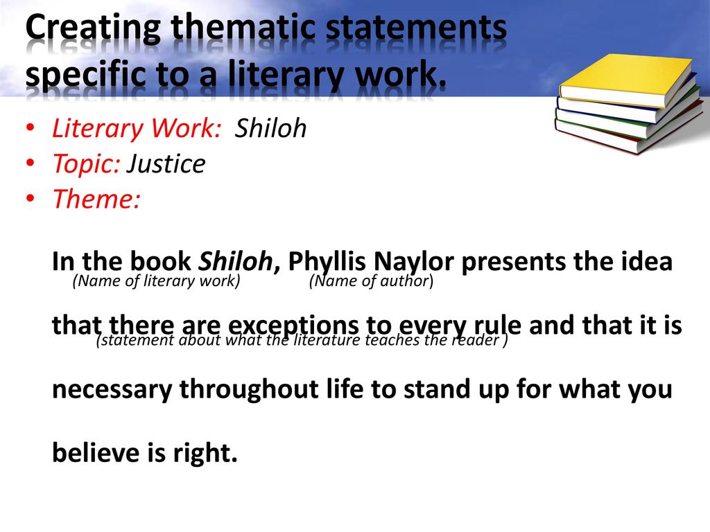 Creating thematic statements specific to a literary work.