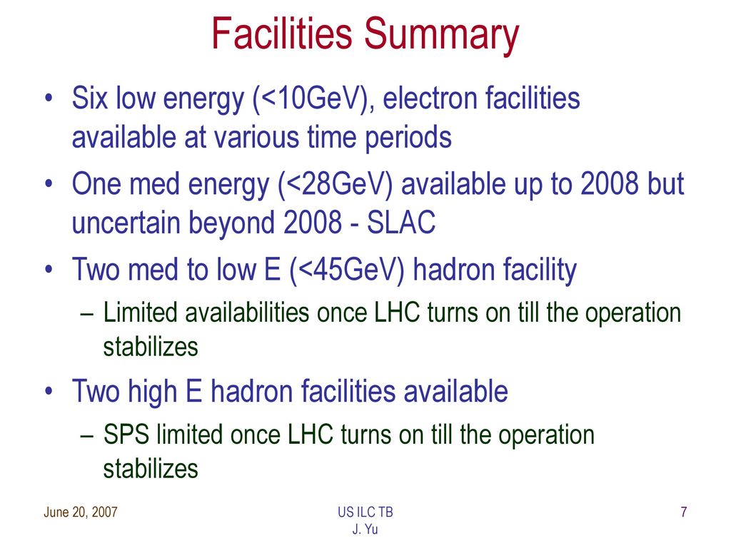 Facilities Summary Six low energy (<10GeV), electron facilities available at various time periods.