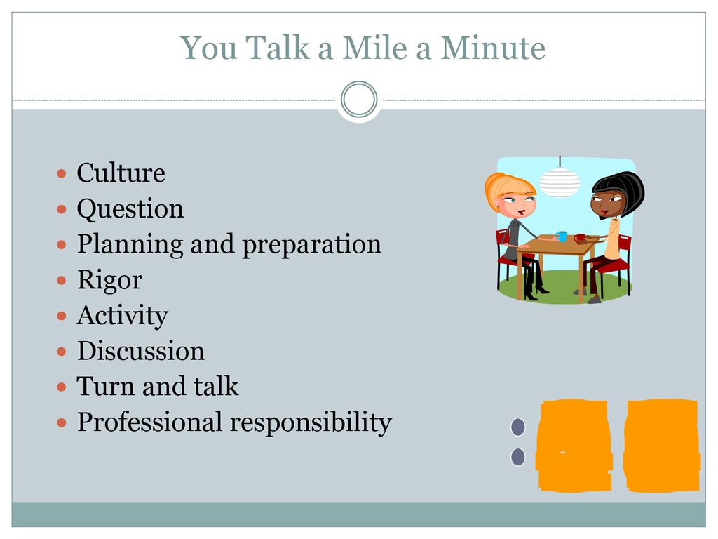You Talk a Mile a Minute Culture. Question. Planning and preparation. Rigor. Activity. Discussion.