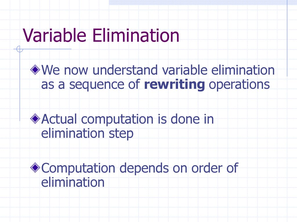 Variable Elimination We now understand variable elimination as a sequence of rewriting operations. Actual computation is done in elimination step.