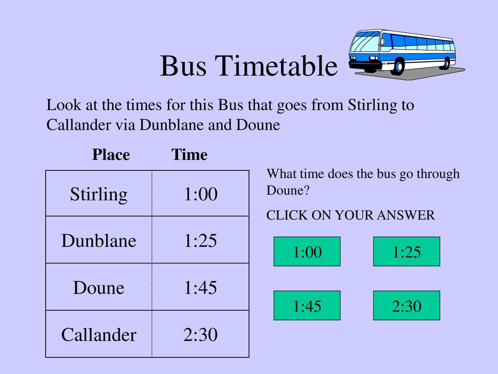 Bus Timetable Stirling 1:00 Dunblane 1:25 Doune 1:45 Callander 2:30.