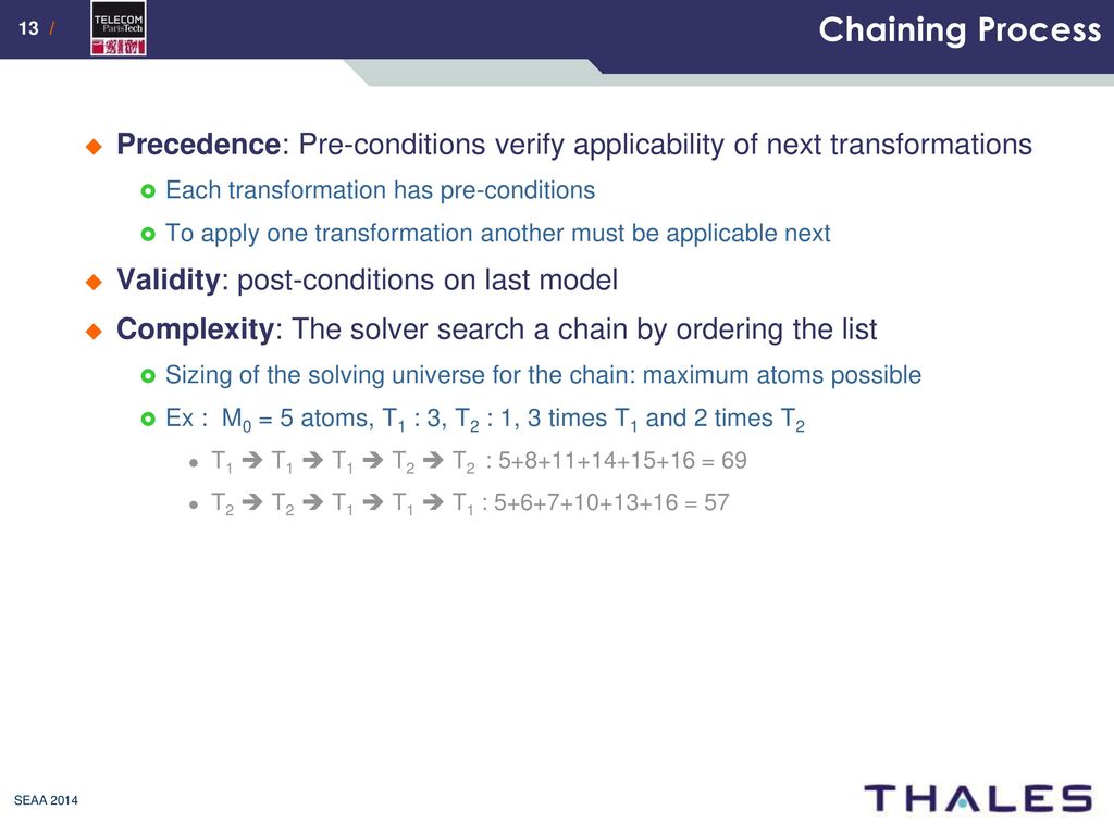 Chaining Process Precedence: Pre-conditions verify applicability of next transformations. Each transformation has pre-conditions.