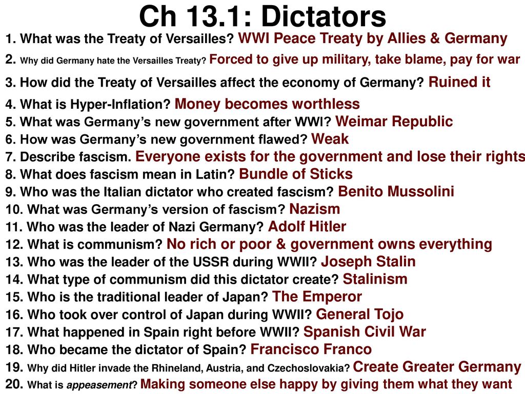 Ch 13.1: Dictators 1. What was the Treaty of Versailles WWI Peace Treaty by Allies & Germany.