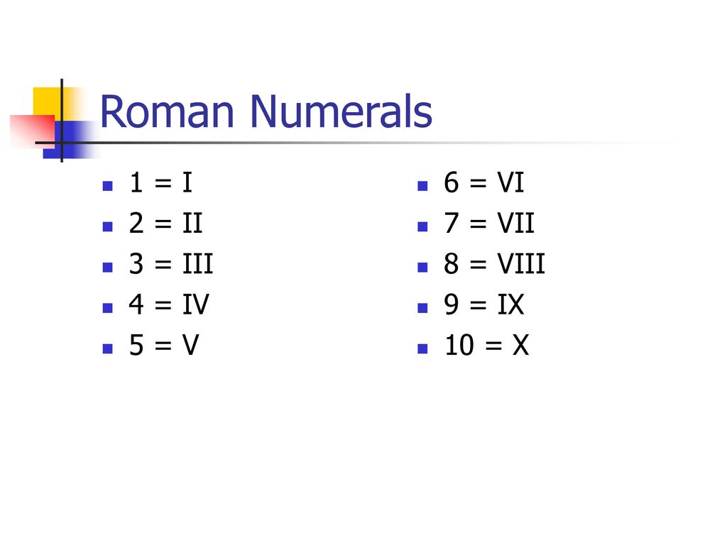 Roman Numerals 1 = I 2 = II 3 = III 4 = IV 5 = V 6 = VI 7 = VII