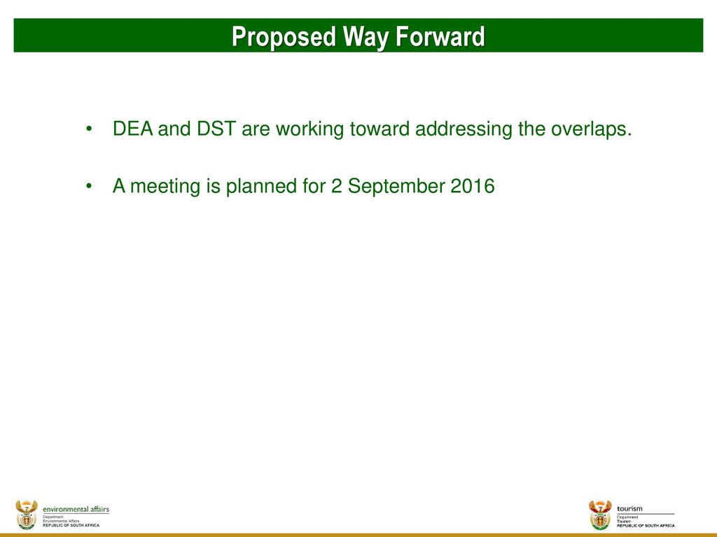 Proposed Way Forward DEA and DST are working toward addressing the overlaps.