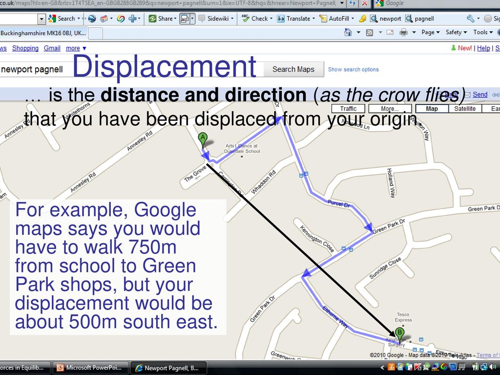 Displacement … is the distance and direction (as the crow flies) that you have been displaced from your origin.