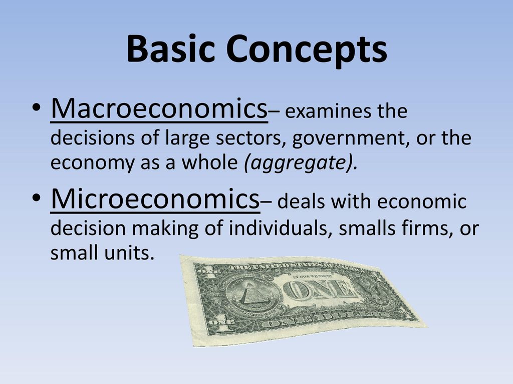 Basic Concepts Macroeconomics– examines the decisions of large sectors, government, or the economy as a whole (aggregate).