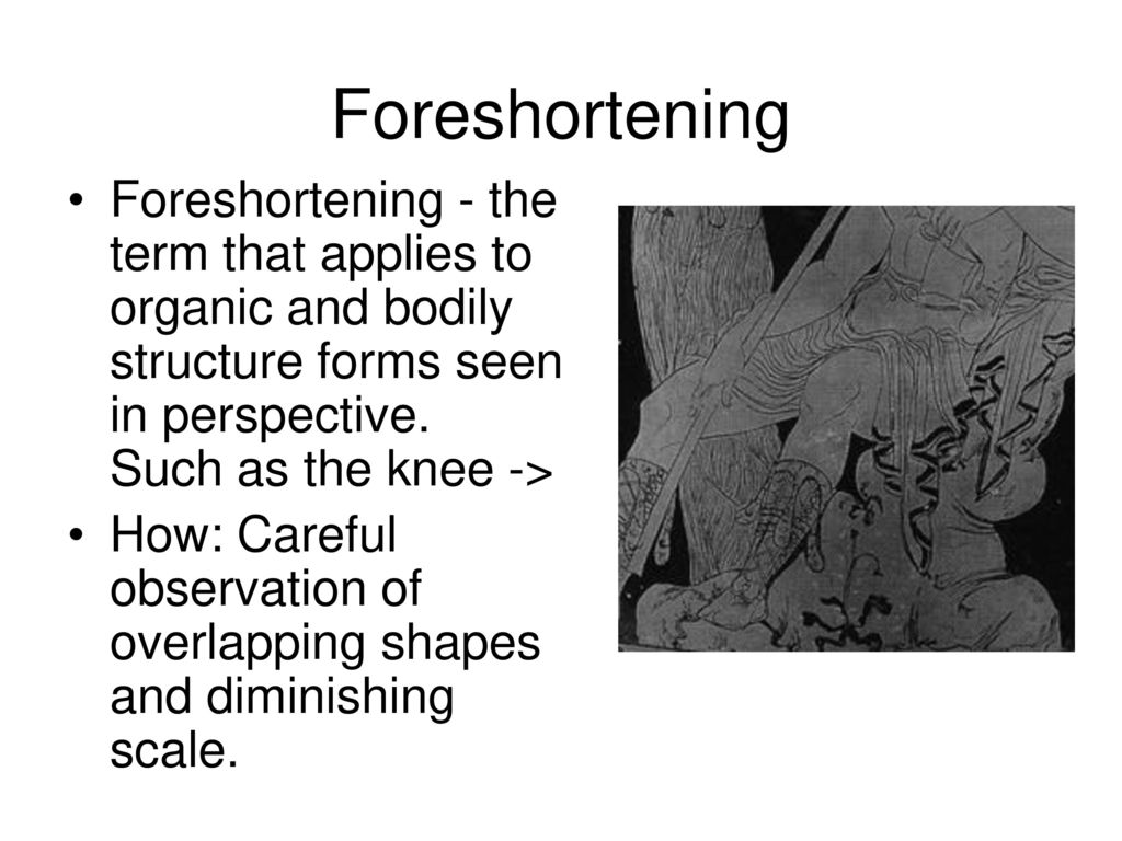 Foreshortening Foreshortening - the term that applies to organic and bodily structure forms seen in perspective. Such as the knee ->