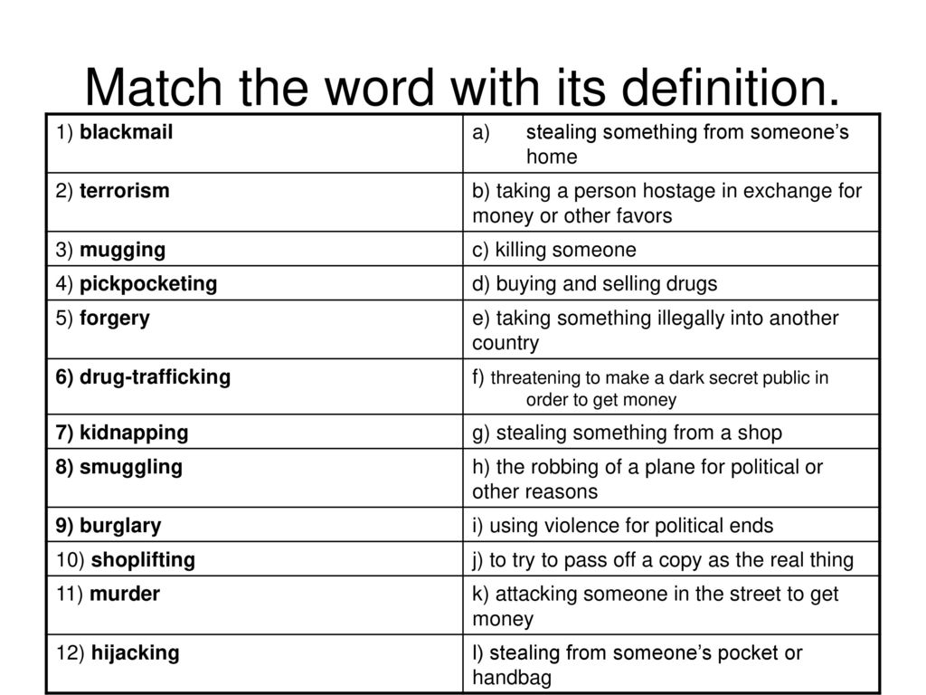 Vocabulary match the words with definition. Match the Word with its Definition. Match the Words with the Definitions. Crime and punishment презентация. Crime and punishment английский язык.