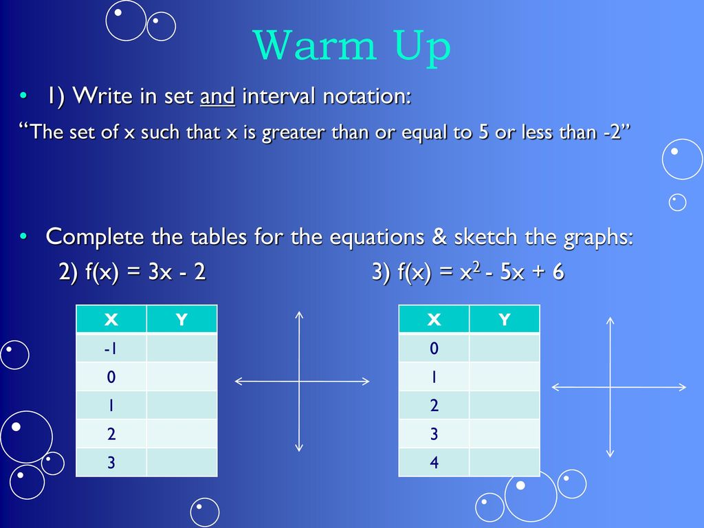 Warm Up 1) Write in set and interval notation: