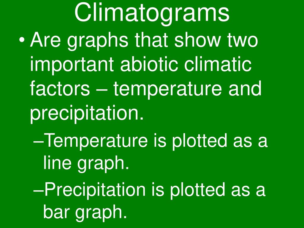 Climatograms Are graphs that show two important abiotic climatic factors – temperature and precipitation.