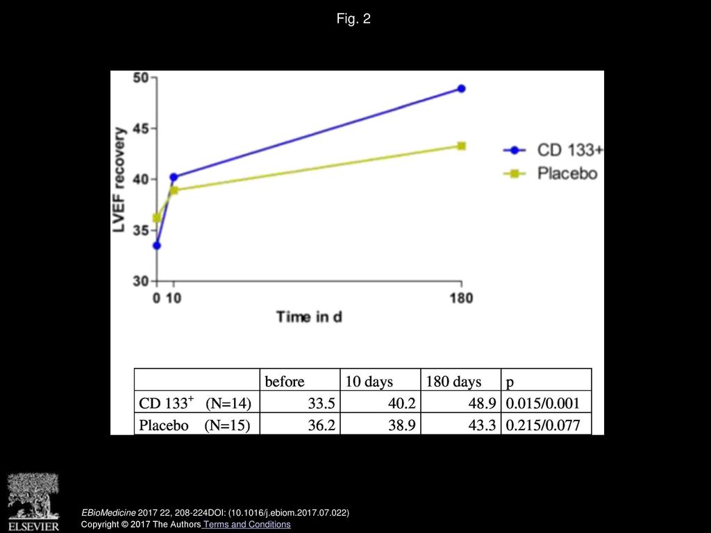 Fig. 2 Early and late recovery of LVEF in Placebo and CD133+ groups.