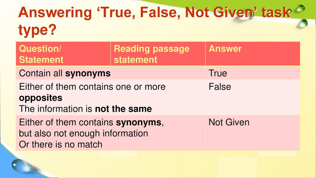Reading true false tasks