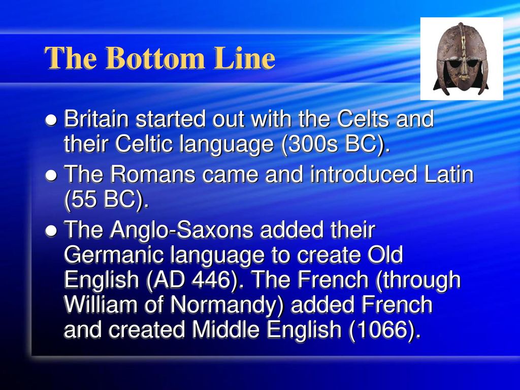 The Bottom Line Britain started out with the Celts and their Celtic language (300s BC). The Romans came and introduced Latin (55 BC).