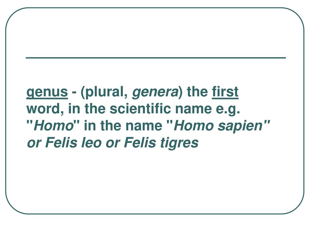 genus - (plural, genera) the first word, in the scientific name e. g