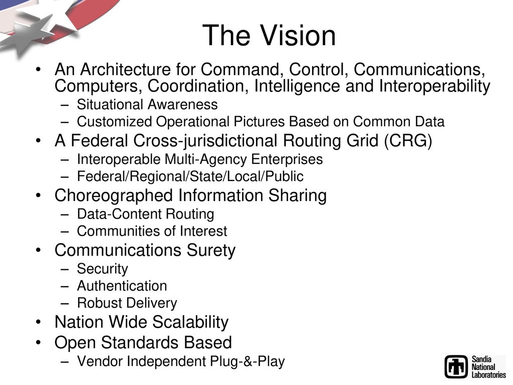 The Vision An Architecture for Command, Control, Communications, Computers, Coordination, Intelligence and Interoperability.