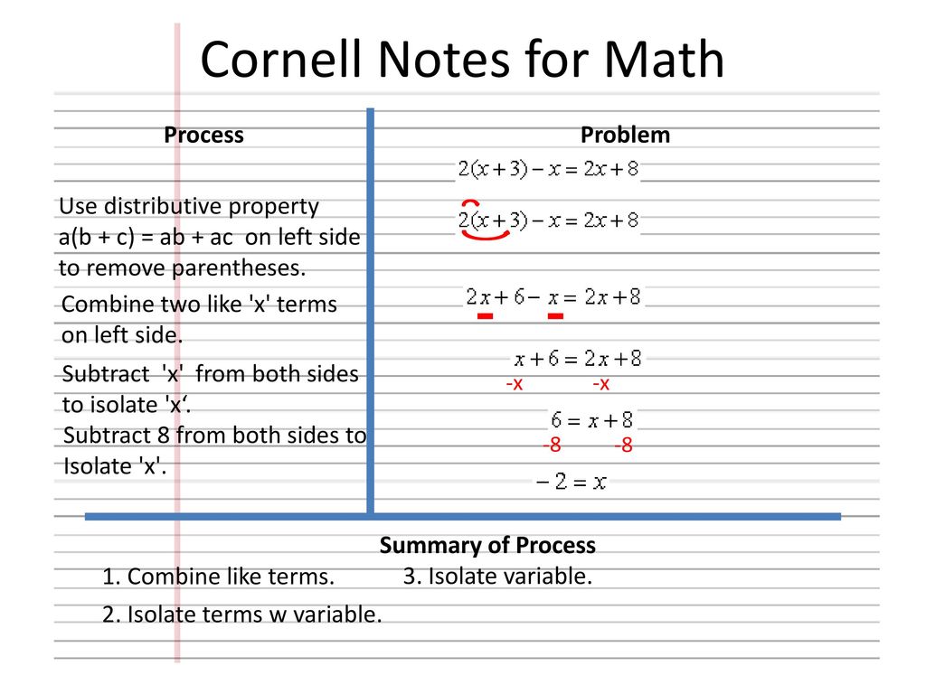 Cornell Notes for Math Process Problem Use distributive property.