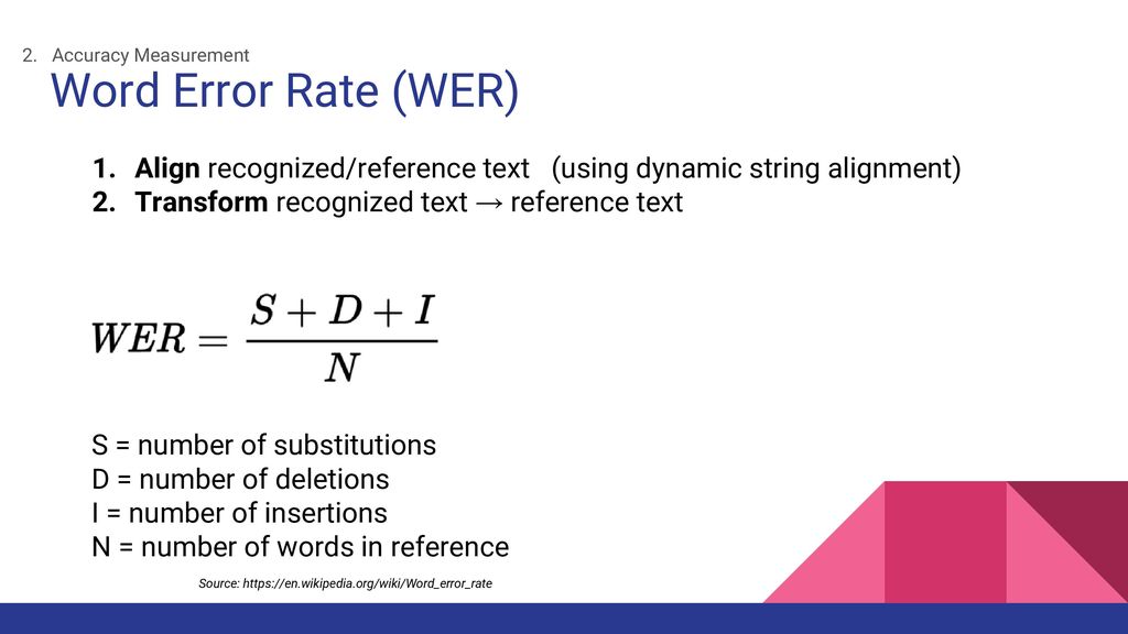 2. Accuracy Measurement Word Error Rate (WER) Align recognized/reference text (using dynamic string alignment)