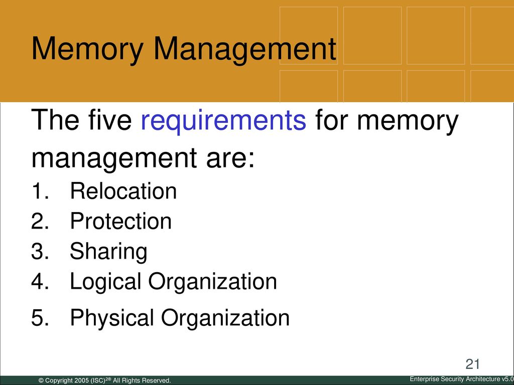 Memory Management The five requirements for memory management are: