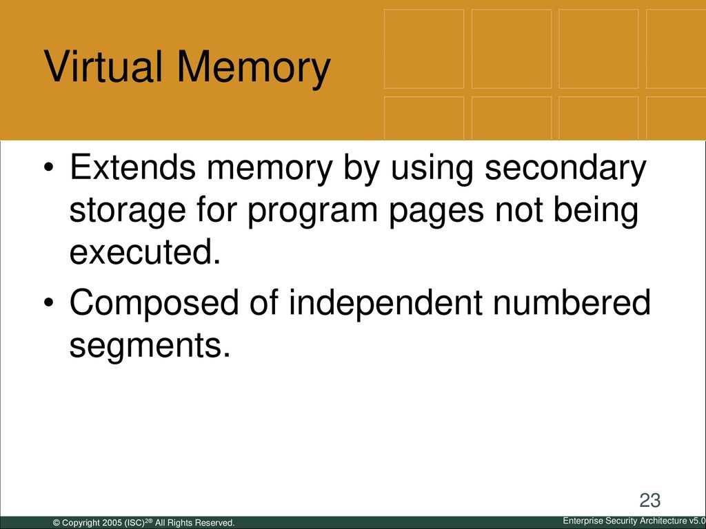 Virtual Memory Extends memory by using secondary storage for program pages not being executed.
