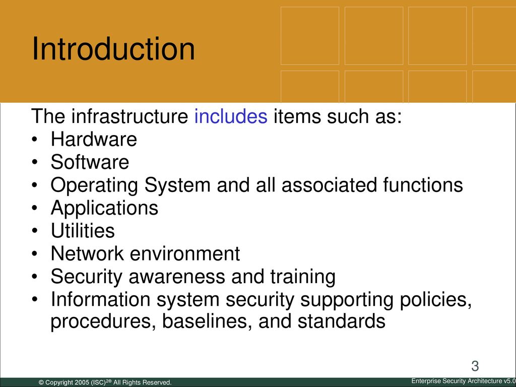 Introduction The infrastructure includes items such as: Hardware