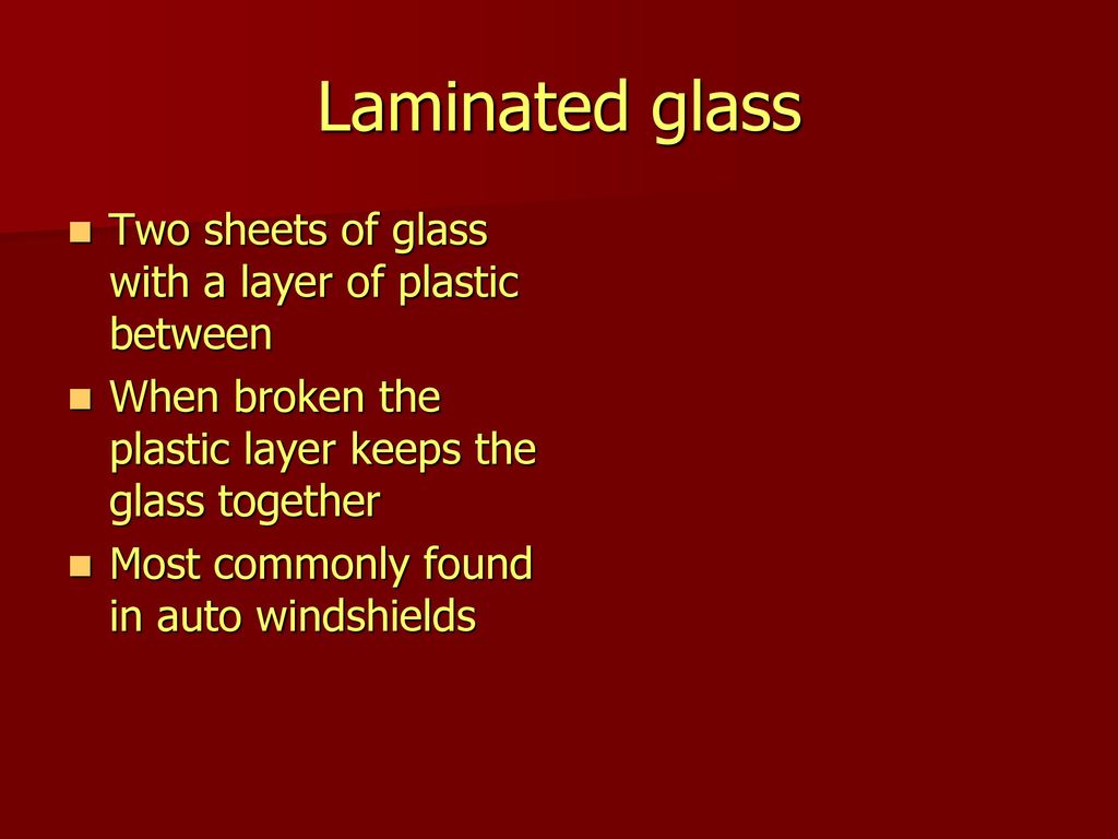 Laminated glass Two sheets of glass with a layer of plastic between