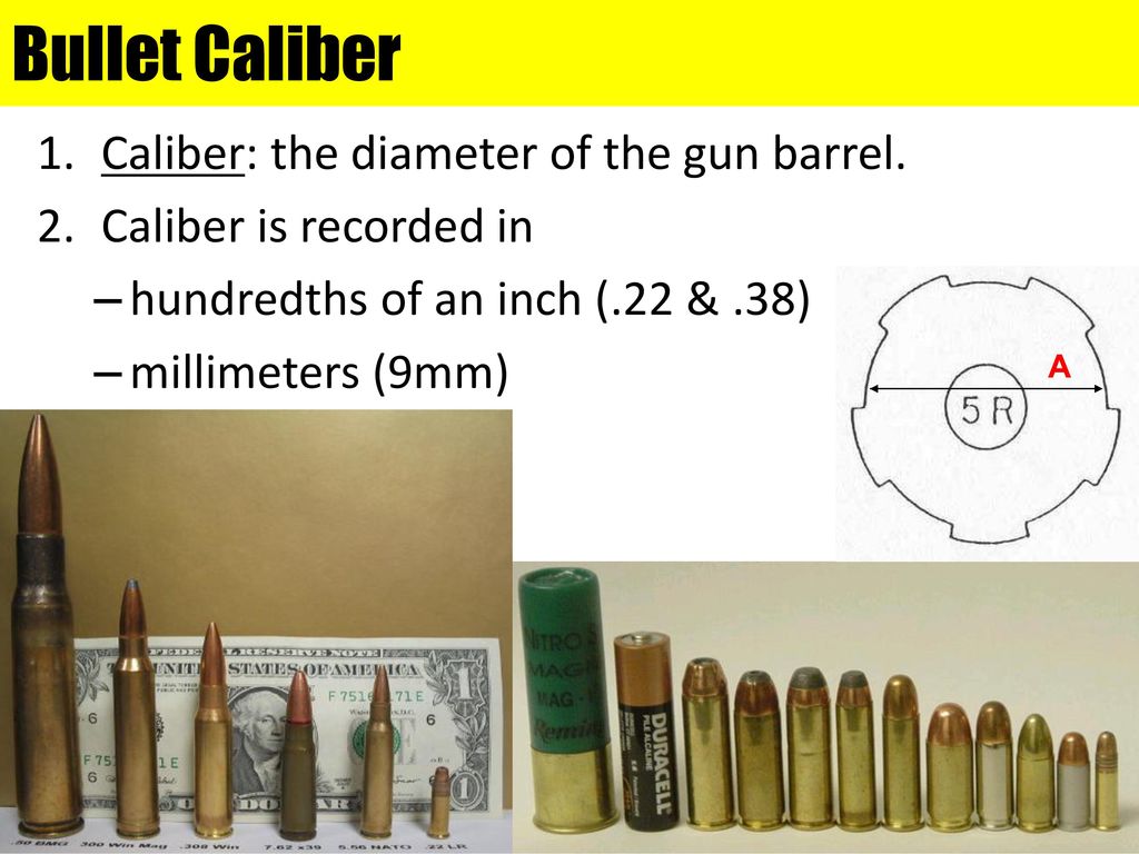 Bullet Caliber Caliber: the diameter of the gun barrel.