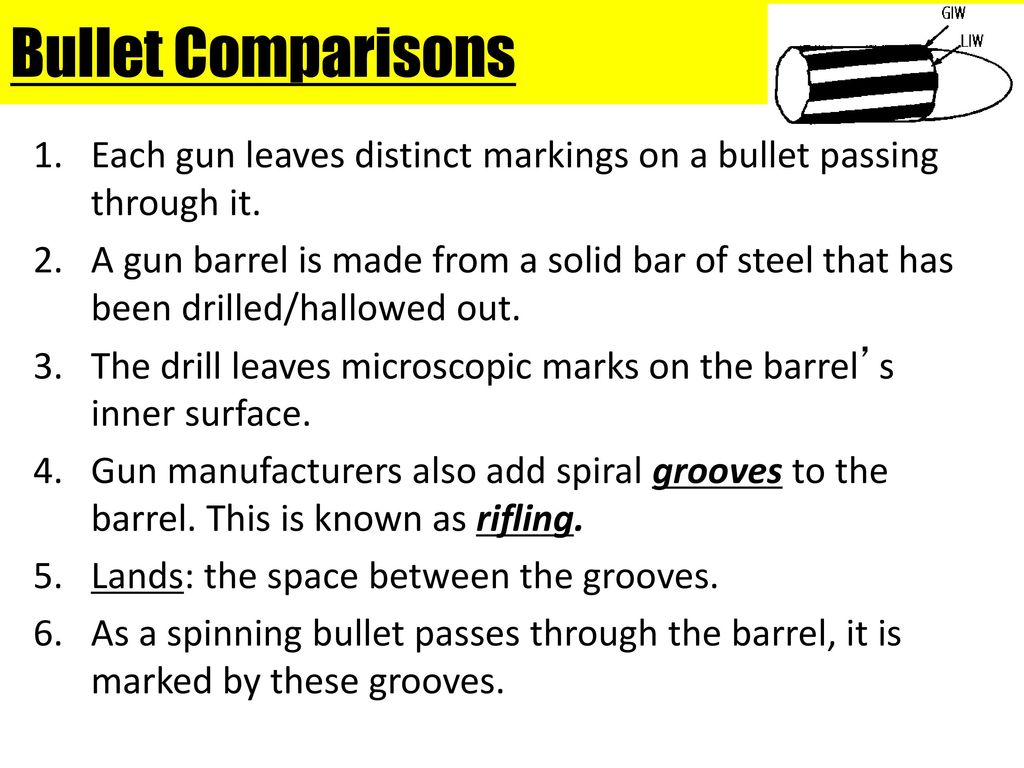 Bullet Comparisons Each gun leaves distinct markings on a bullet passing through it.