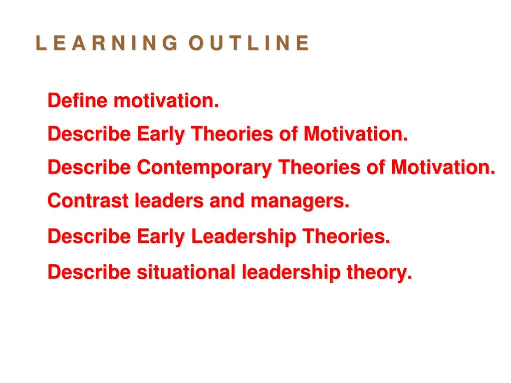 L E A R N I N G O U T L I N E Define motivation. Describe Early Theories of Motivation. Describe Contemporary Theories of Motivation.
