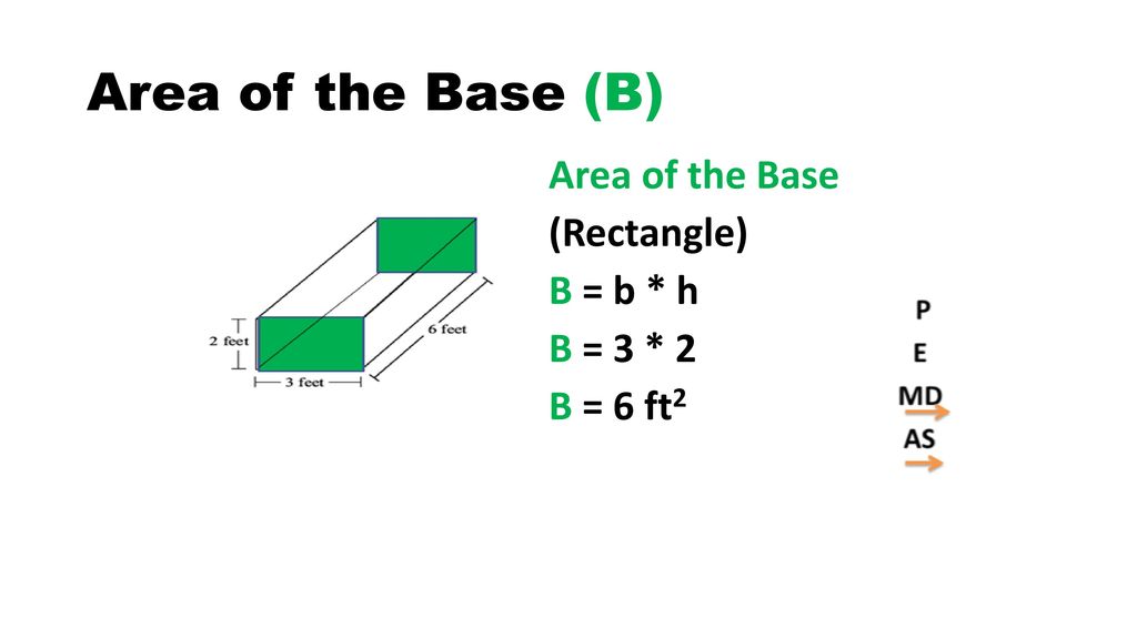 Area of the Base (B) Area of the Base (Rectangle) B = b * h B = 3 * 2 B = 6 ft2