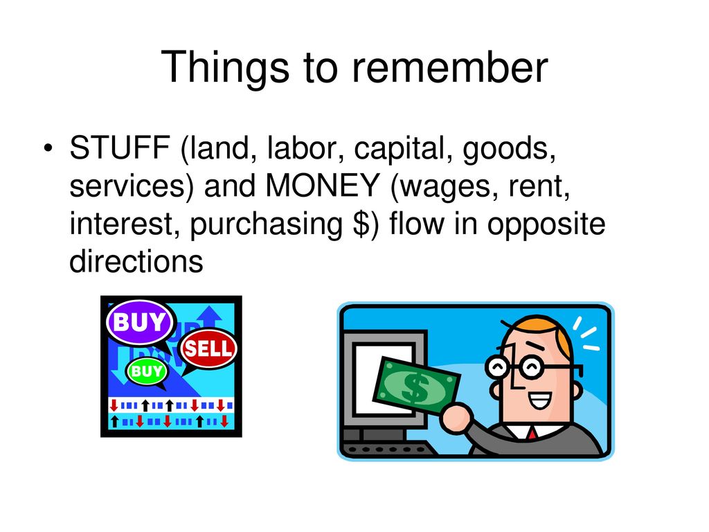 Things to remember STUFF (land, labor, capital, goods, services) and MONEY (wages, rent, interest, purchasing $) flow in opposite directions.