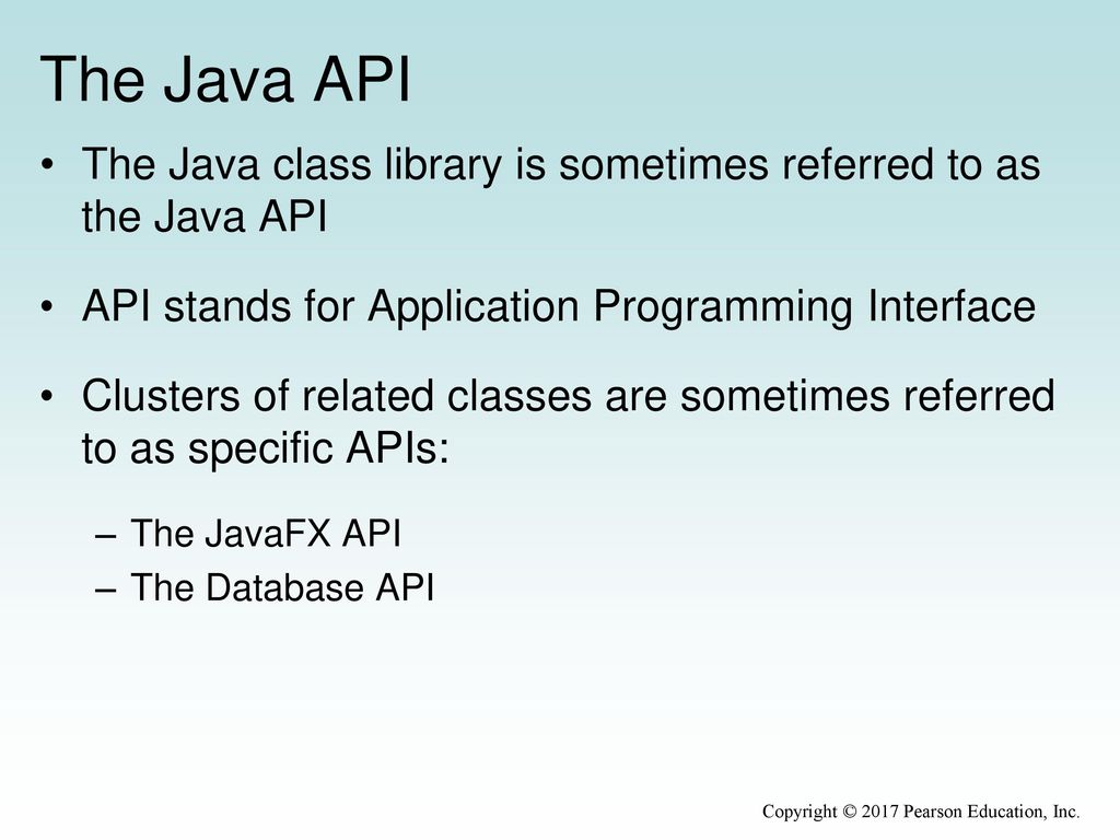 The Java API The Java class library is sometimes referred to as the Java API. API stands for Application Programming Interface.