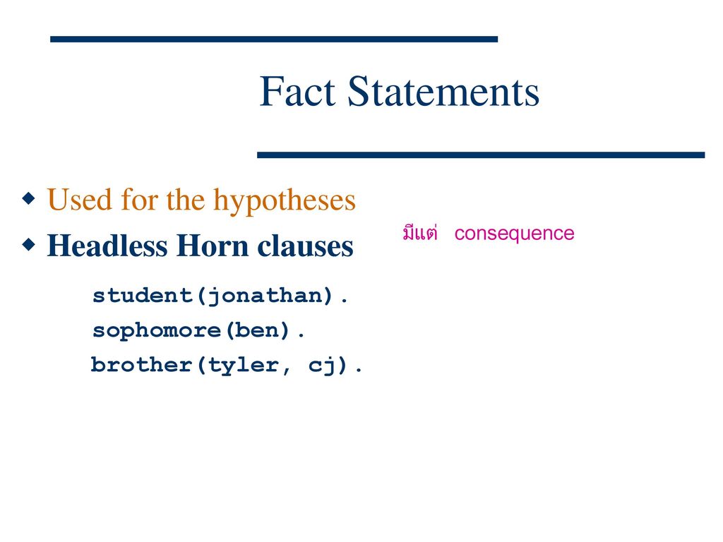 Fact Statements Used for the hypotheses Headless Horn clauses