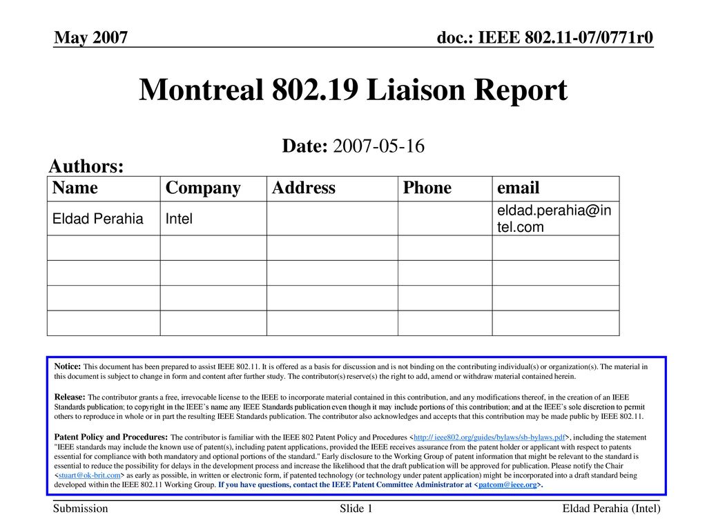 Montreal Liaison Report