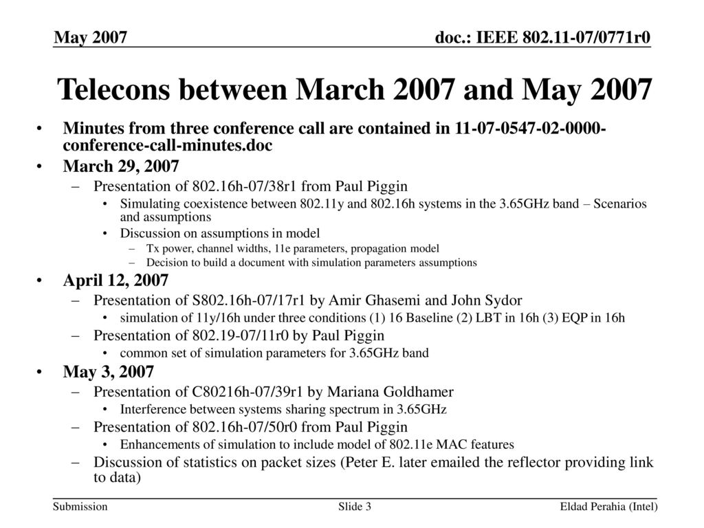 Telecons between March 2007 and May 2007