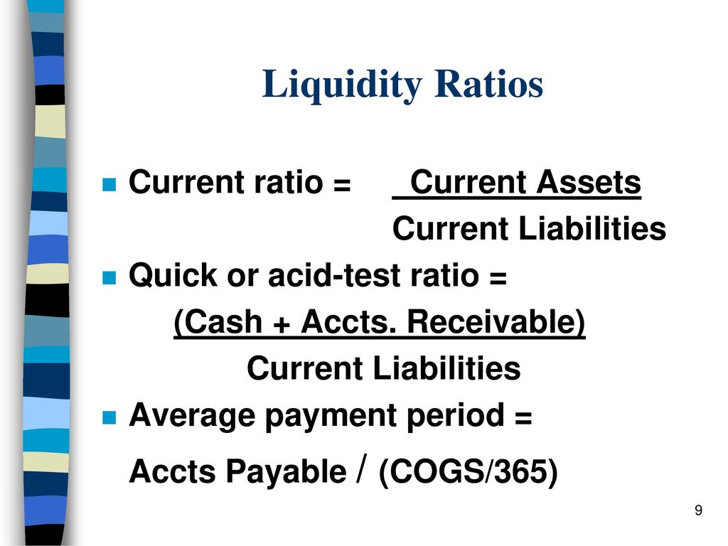 Liquidity Ratios Current ratio = Current Assets Current Liabilities