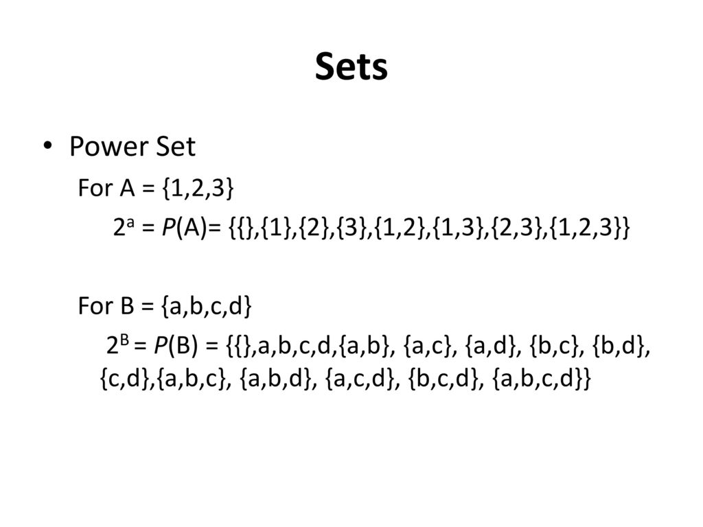 Sets Power Set. For A = {1,2,3} 2a = P(A)= {{},{1},{2},{3},{1,2},{1,3},{2,3},{1,2,3}} For B = {a,b,c,d}