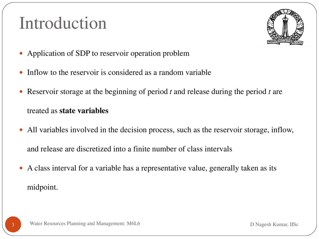 Introduction Application of SDP to reservoir operation problem