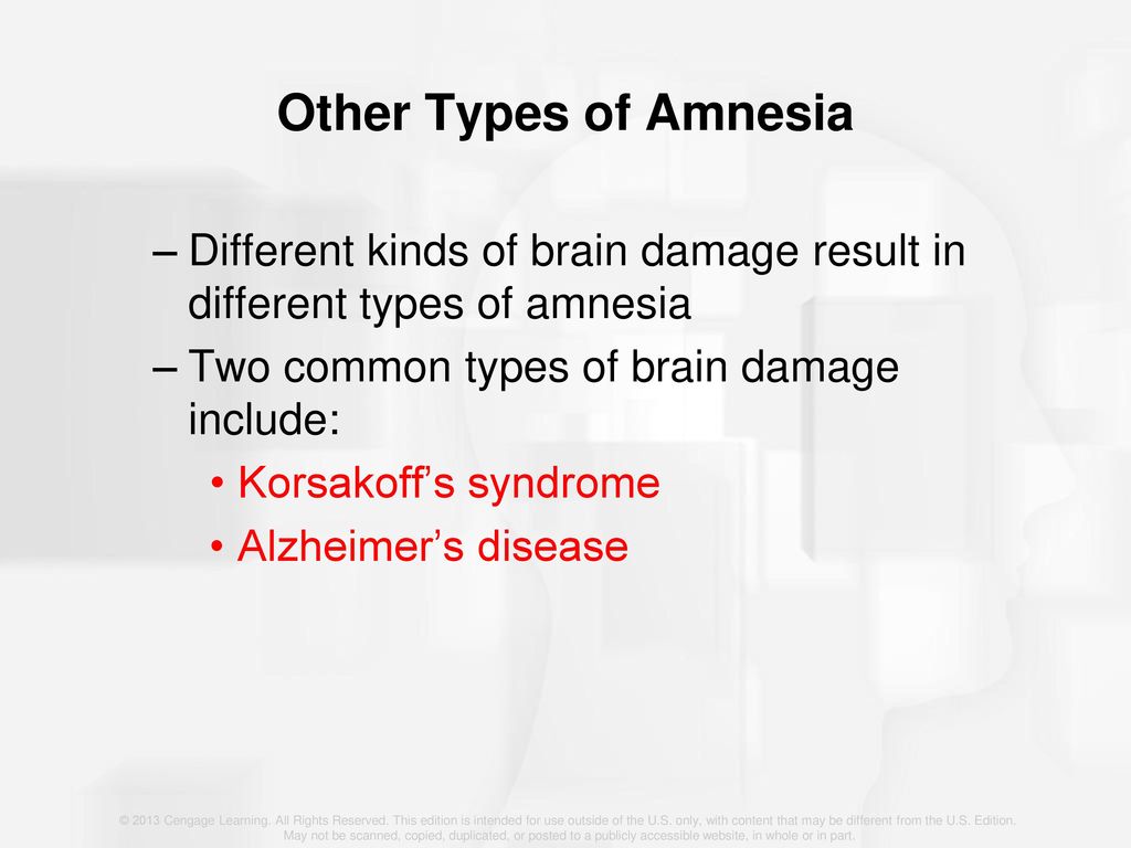 Other Types of Amnesia Different kinds of brain damage result in different types of amnesia. Two common types of brain damage include:
