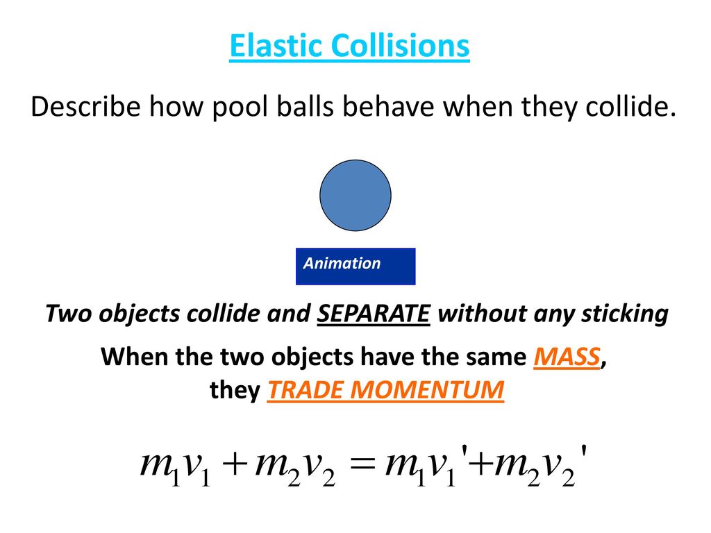 Elastic Collisions Describe how pool balls behave when they collide.
