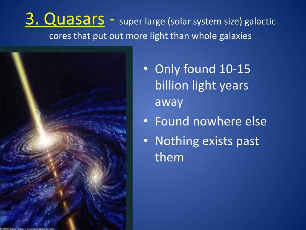 3. Quasars - super large (solar system size) galactic cores that put out more light than whole galaxies